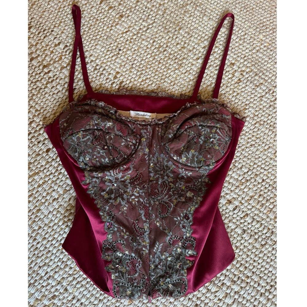 VTG Mandalay Burgundy Lace Sequin Beaded Ruffle Corset Top Size Front Zip Y2K 6 - Picture 2 of 8